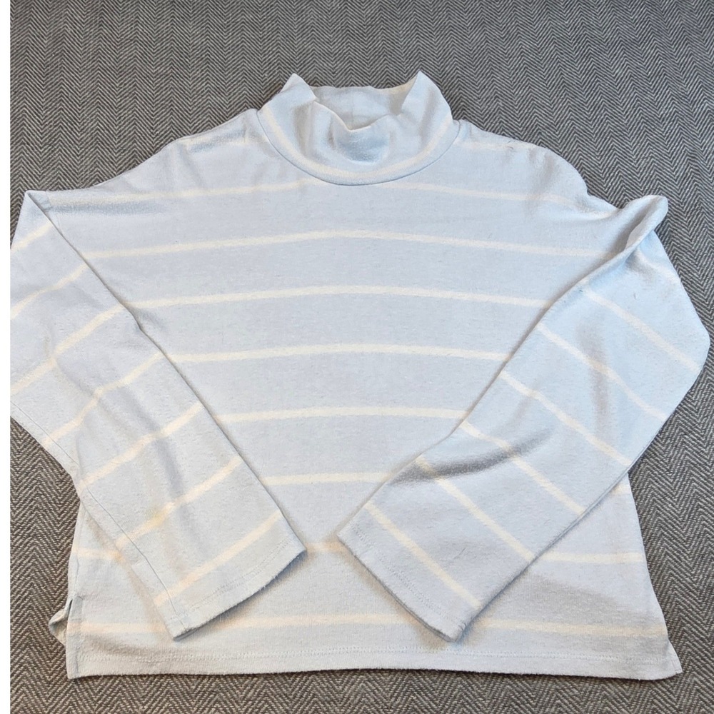SO Heritage Mock Neck Striped Top Light Blue White Long Sleeve Small